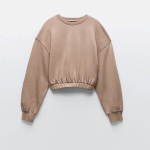 NWT Zara S Crop SweatShirt Crew Neck Long Sleeve Brown Tan Camel Sweater Top NWT